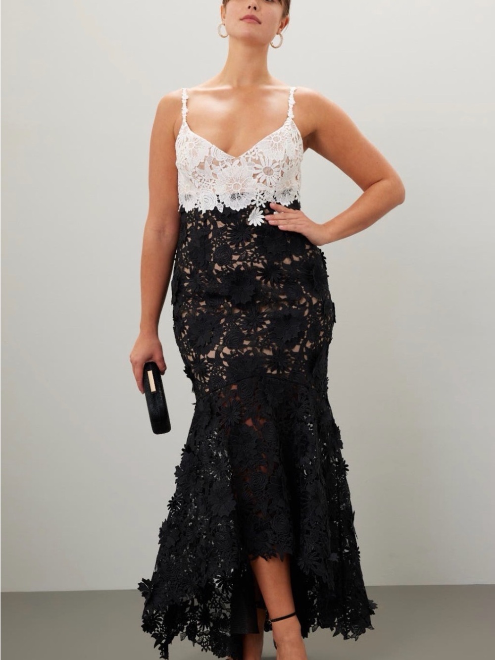 Marchesa White and Black Lace Floral Mermaid Prom Dress